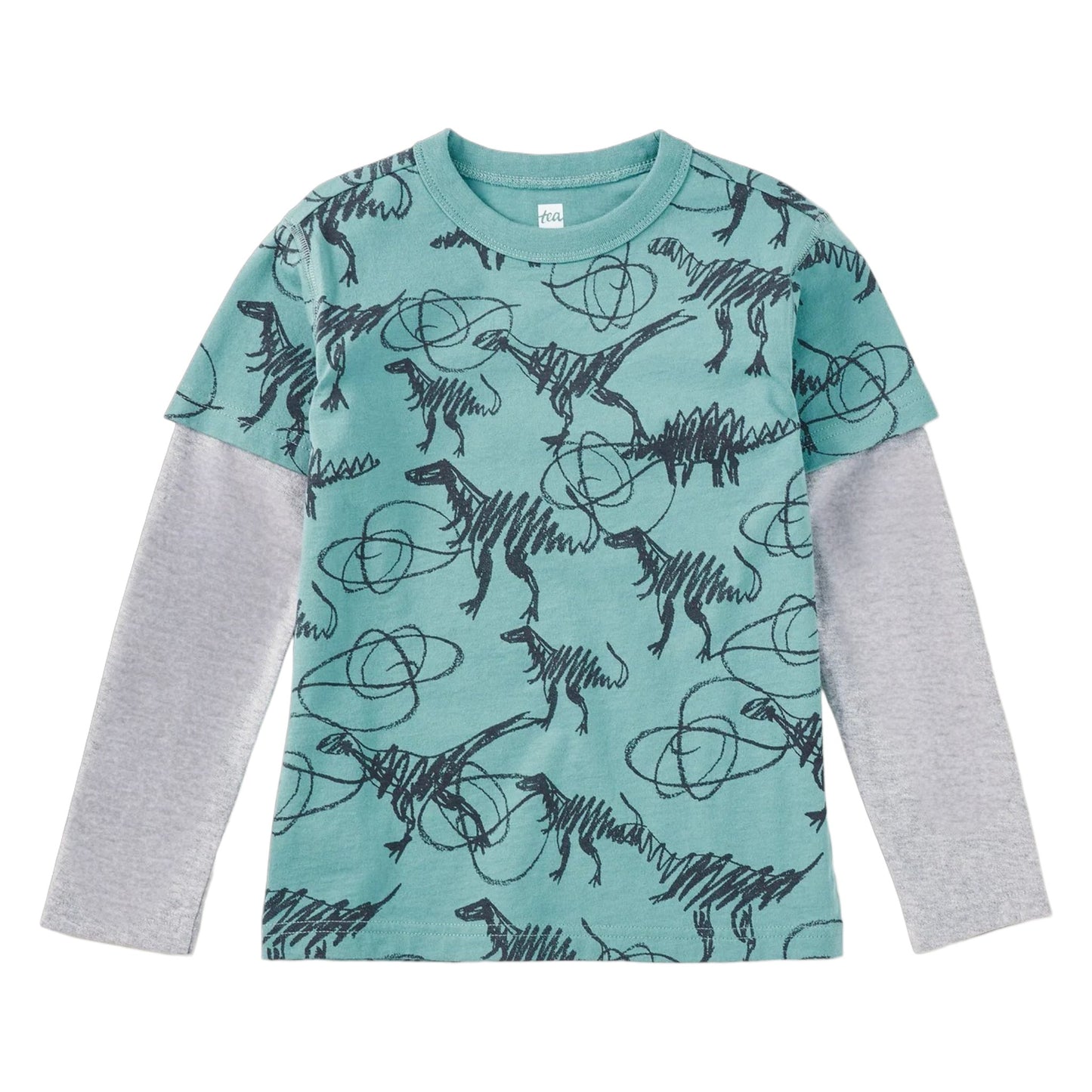Tea Scribbled Dinosaurs Printed Layered Sleeve T-Shirt