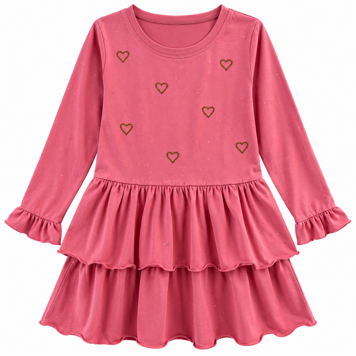 A pink long-sleeve dress for girls, featuring a round neckline, a ruffled waist, and a tiered skirt. The bodice is a sparkle fabric decorated with small, embroidered hearts.