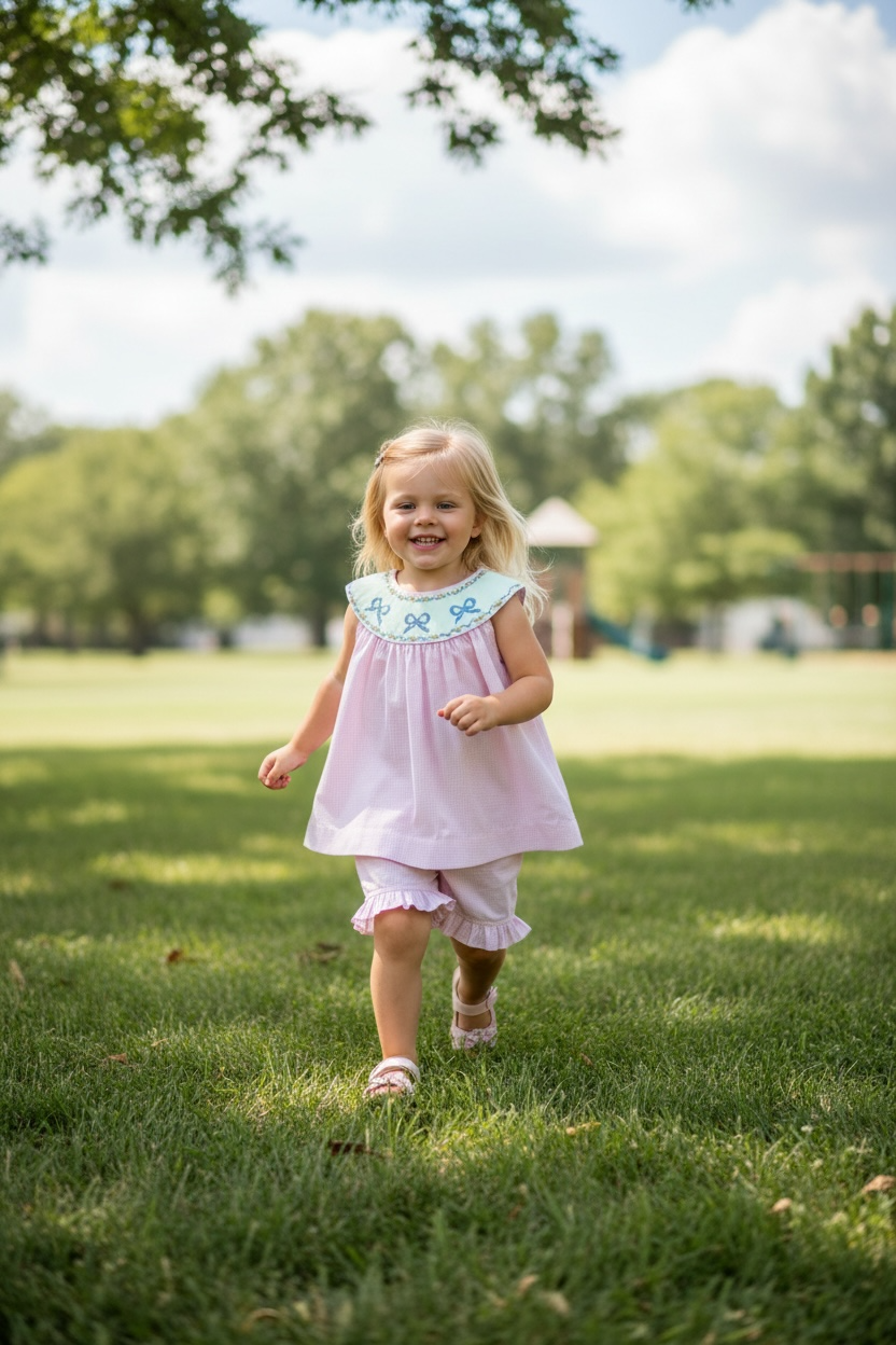 Delaney Smocked Check Bow Short Set