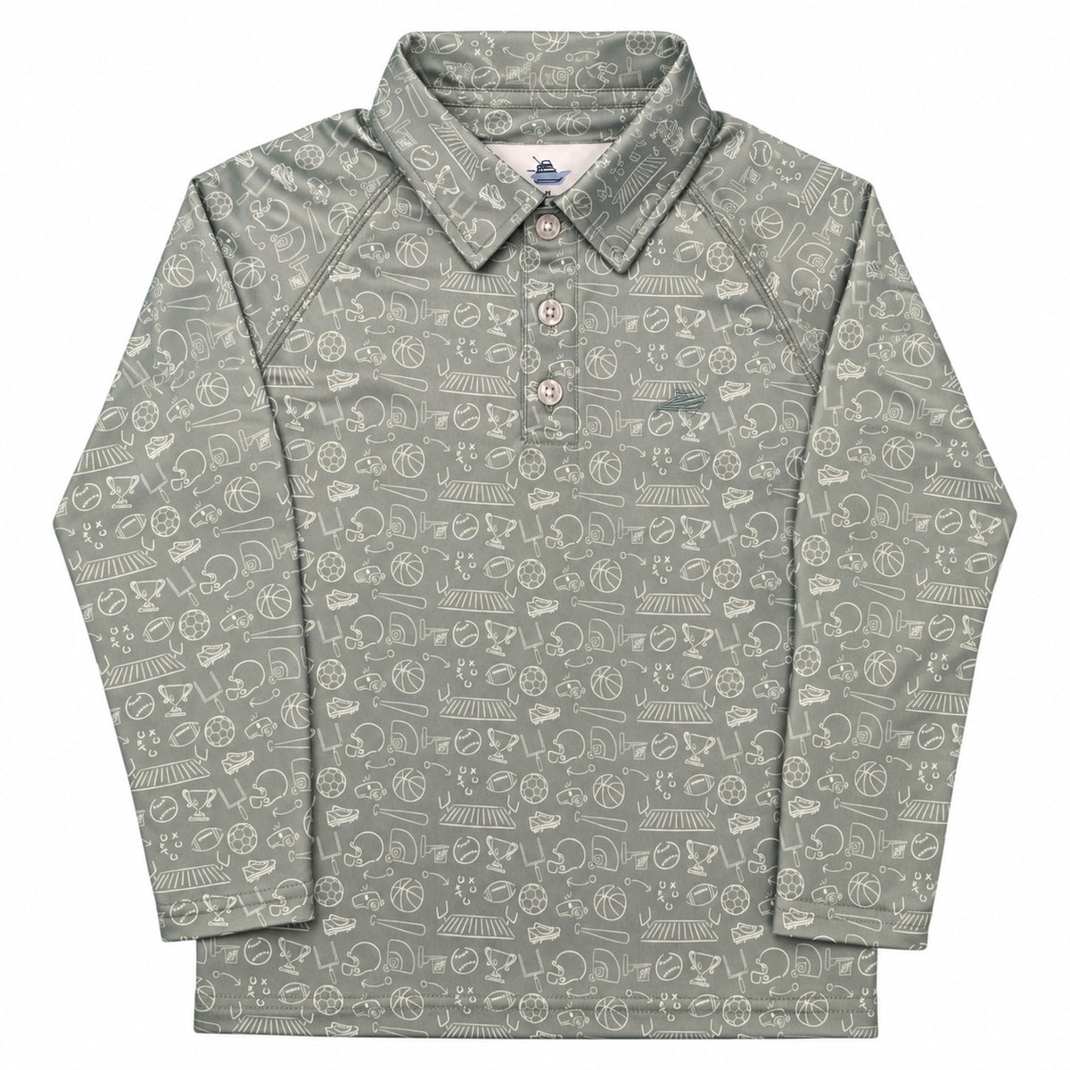 A long-sleeve collared three button shirt in a gray colorway with an all-over white sketch-style graphic pattern, laid flat against a white background.