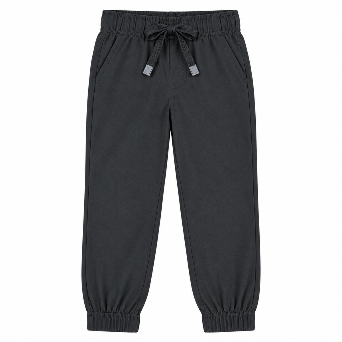 Black jogger pants with an elastic waistband, drawstring, and elastic cuffs, shown flat on a white background.