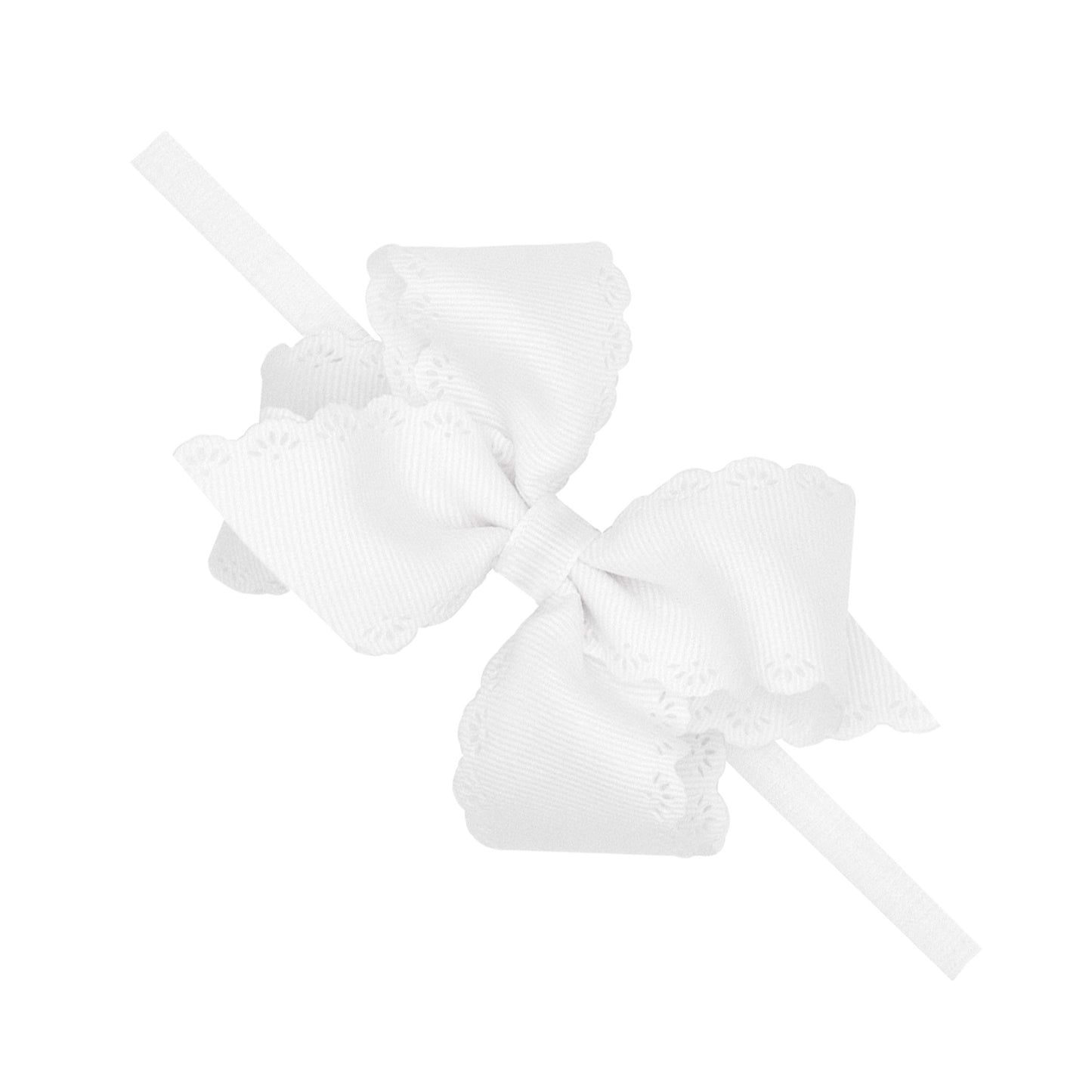 Wee Ones Small Grosgrain Hair Bow with Embossed Eyelet Edge on White Nylon Band