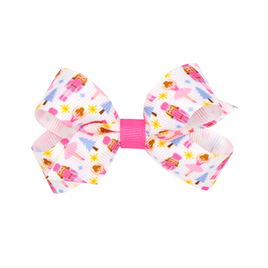 Wee Ones Mini Holiday-themed Pink Nutcracker Printed Grosgrain Hair Bow