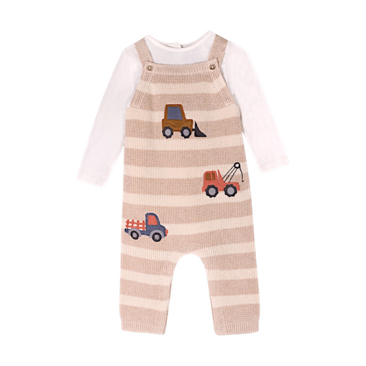Viverano Organics Trucks Embroidered Knit Stripe Overall Set