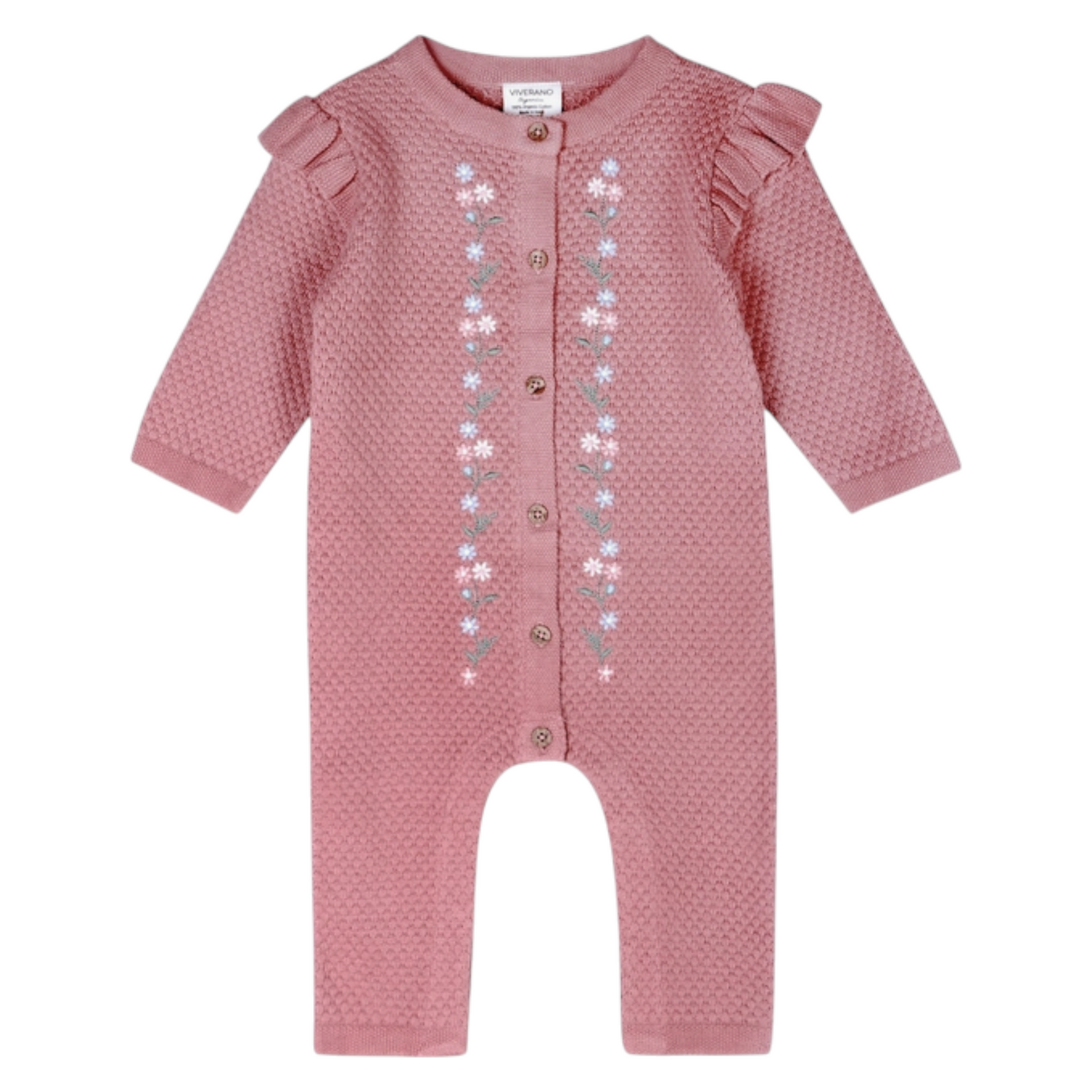 Viverano Organics Floral Embroidered Knit Ruffle Sweater Jumpsuit