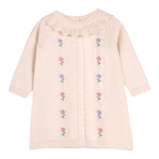 Viverano Organics Emma Floral Embroidered Knit Ruffle Dress