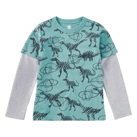 Tea Scribbled Dinosaurs Printed Layered Sleeve T-Shirt