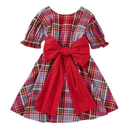 Tea Plaid Puff Sleeve Sash Dress