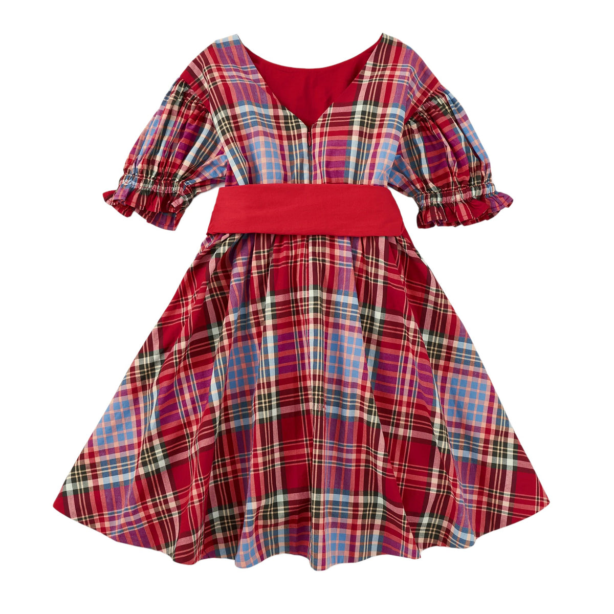 Tea Plaid Puff Sleeve Sash Dress