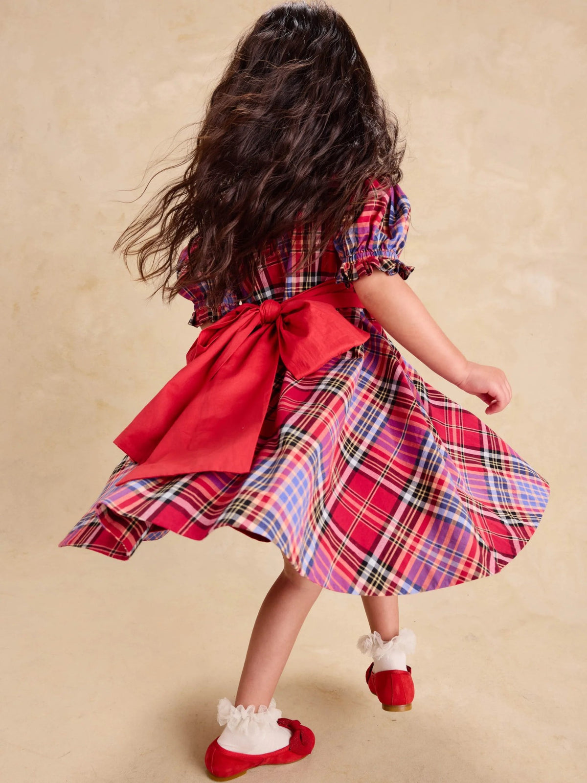 Tea Plaid Puff Sleeve Sash Dress