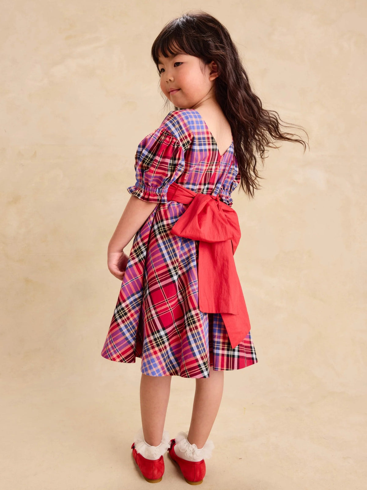 Tea Plaid Puff Sleeve Sash Dress