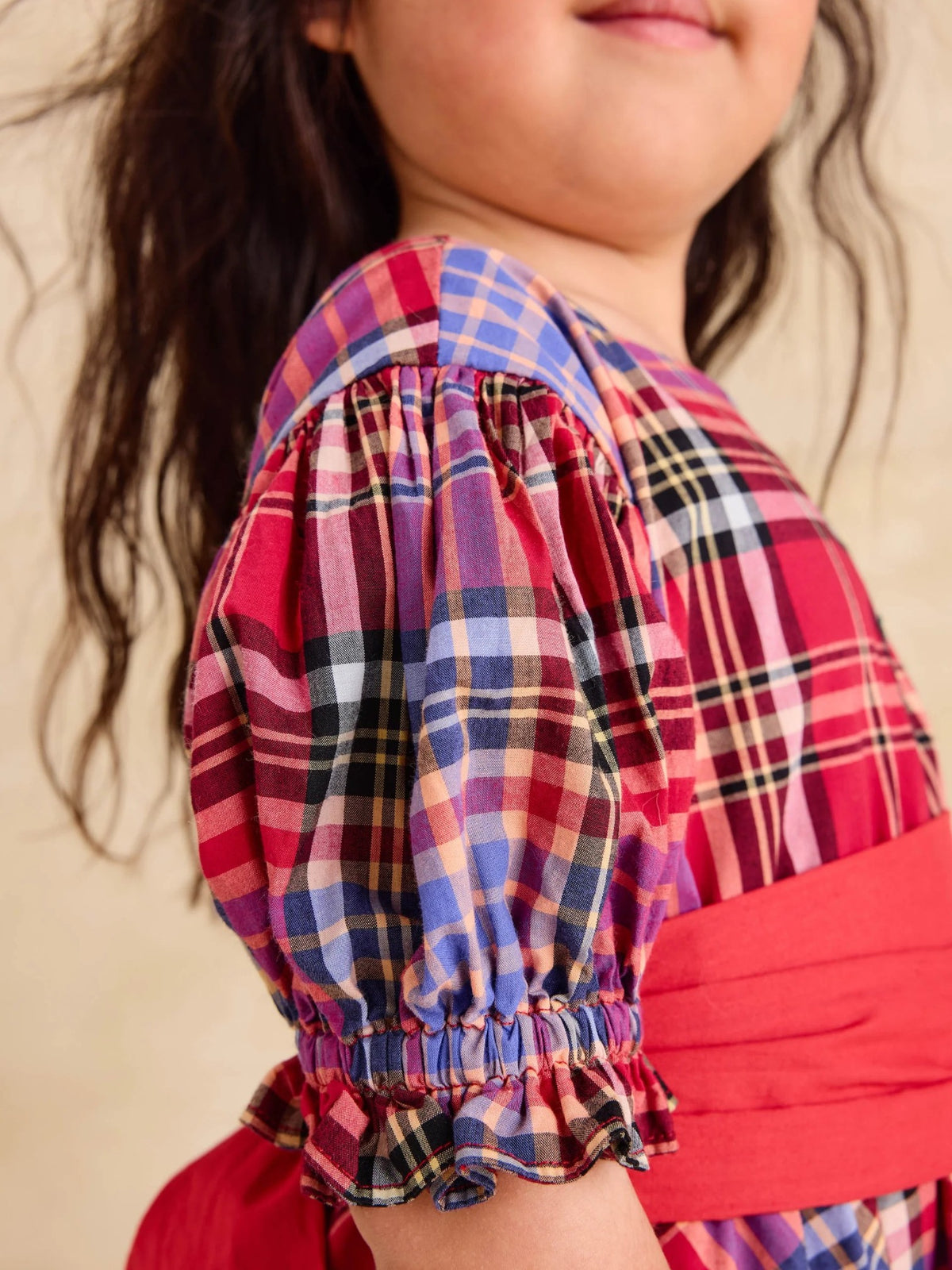 Tea Plaid Puff Sleeve Sash Dress