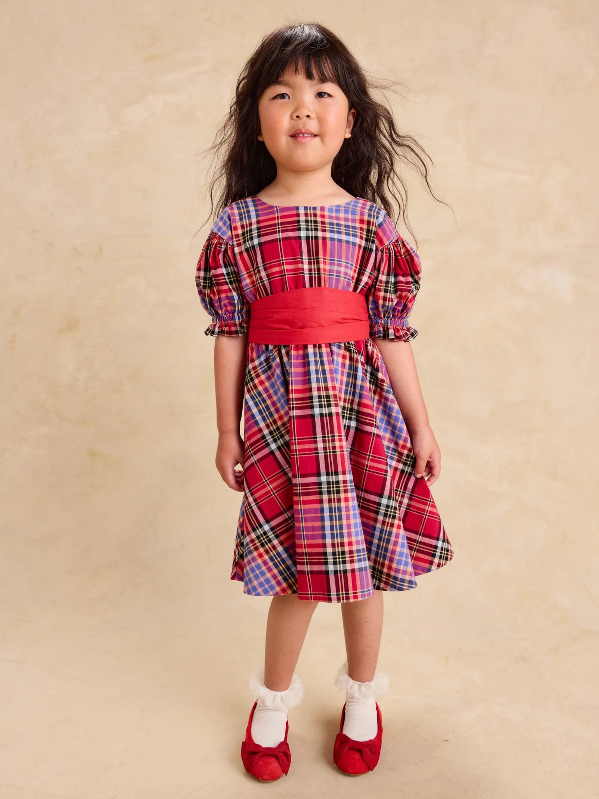 Tea Plaid Puff Sleeve Sash Dress
