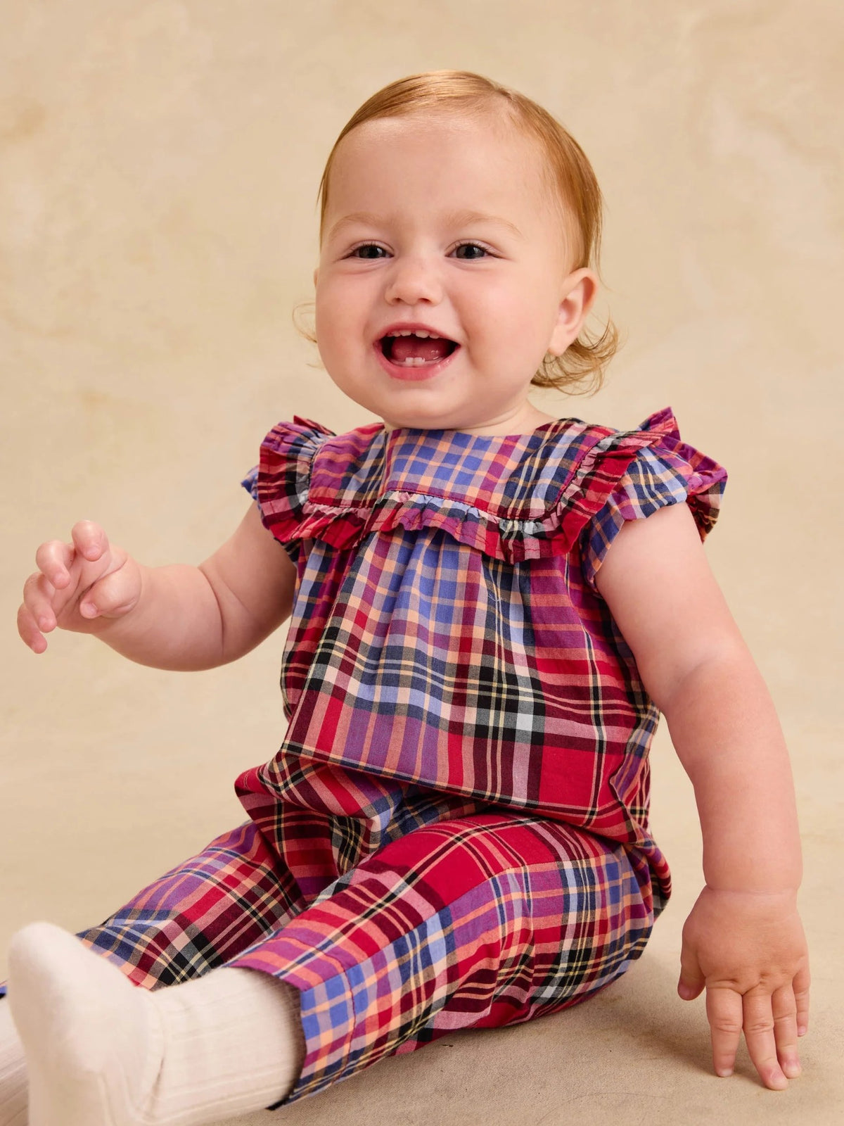 Tea Plaid Ruffle Baby Romper