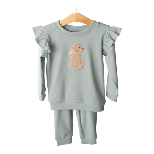 Banana Split Ruffle Puppy Applique Jogger Set
