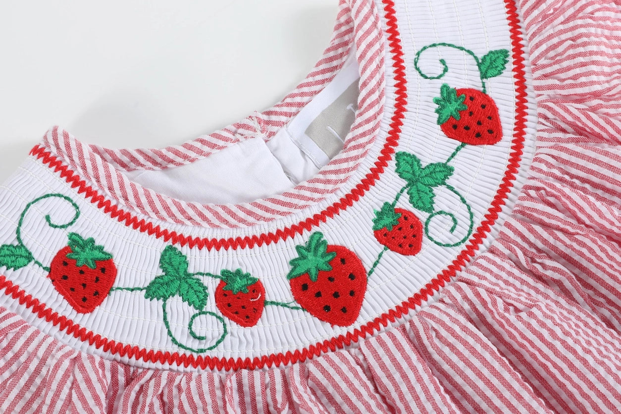 Lil Cactus Strawberry Smocked Seersucker Bishop Dress