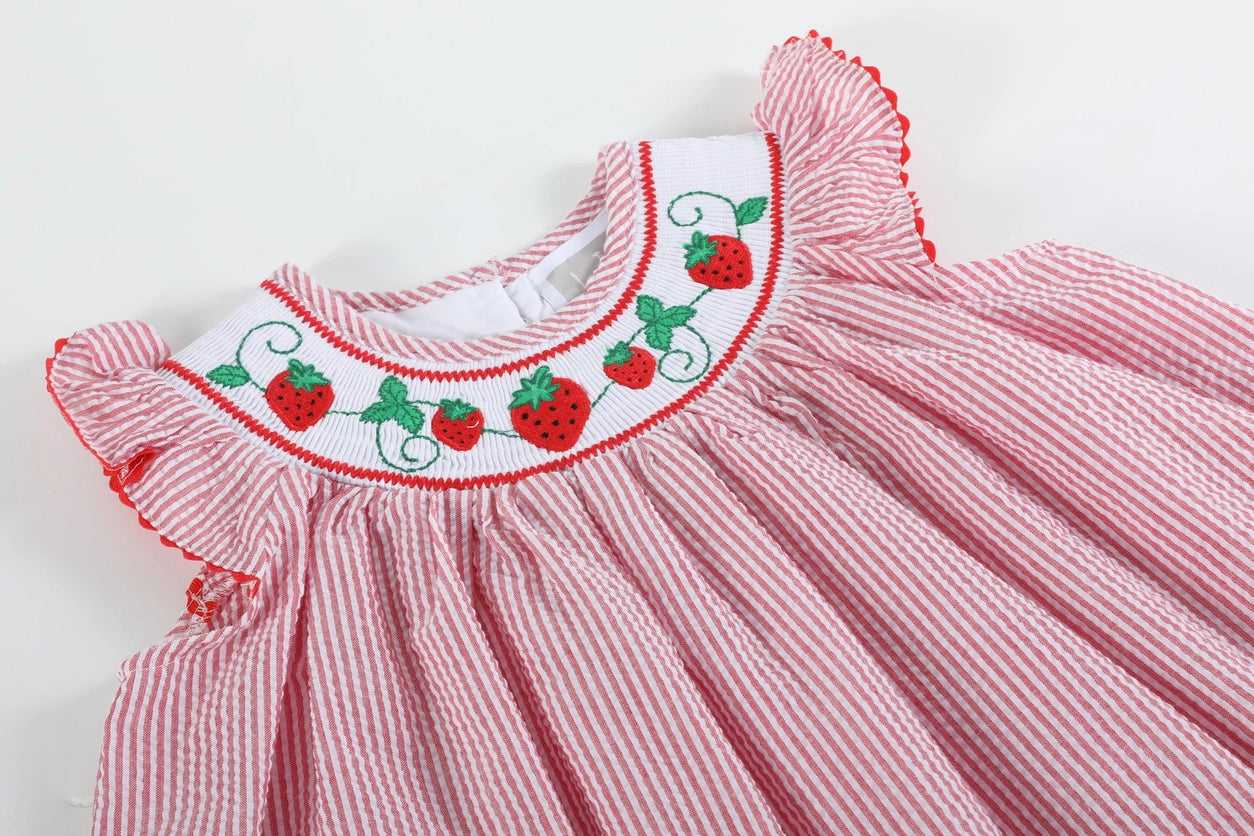 Lil Cactus Strawberry Smocked Seersucker Bishop Dress