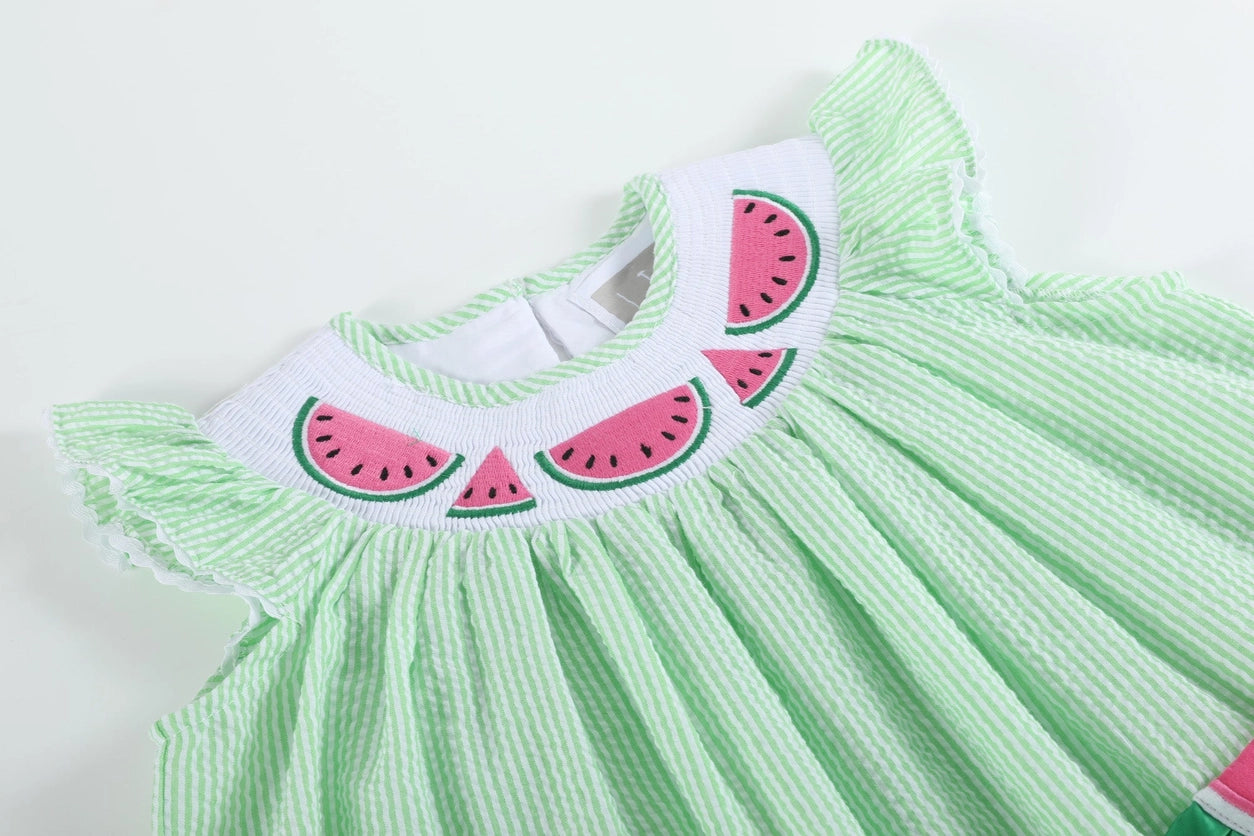 Lil Cactus Watermelon Smocked Seersucker Bishop Dress