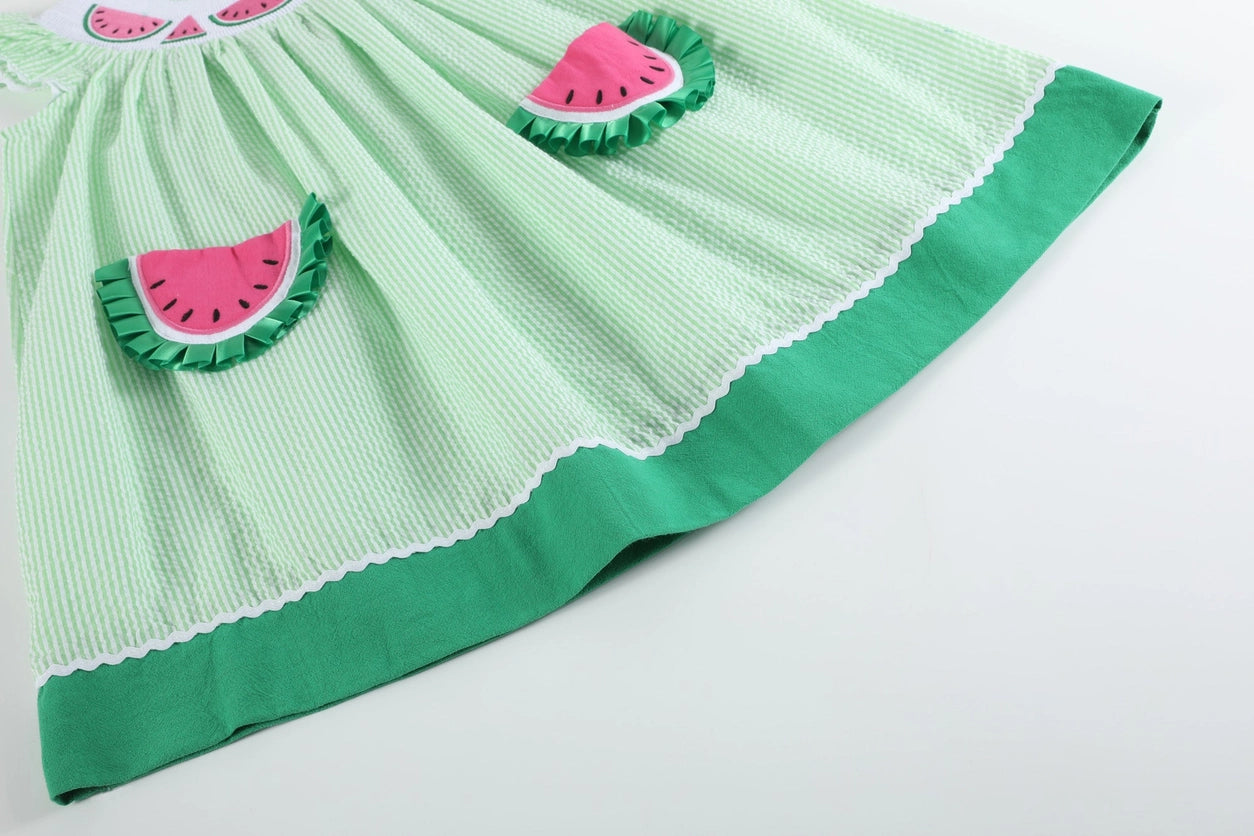 Lil Cactus Watermelon Smocked Seersucker Bishop Dress