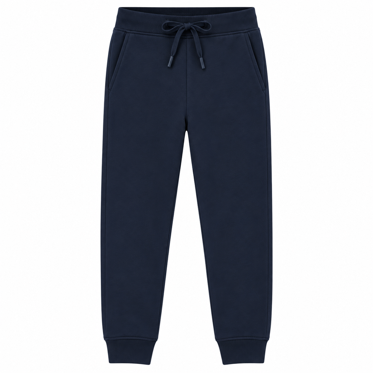 A pair of navy blue sweatpants with an elastic waistband, matching drawstring, side pockets, and ribbed ankle cuffs, shown against a plain white background.