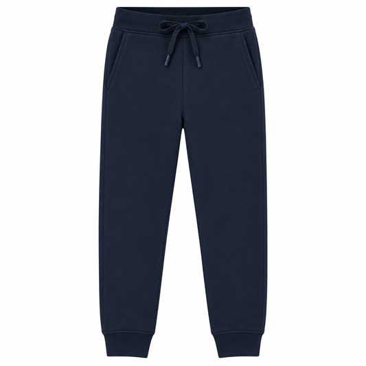 A pair of navy blue sweatpants with an elastic waistband, matching drawstring, side pockets, and ribbed ankle cuffs, shown against a plain white background.
