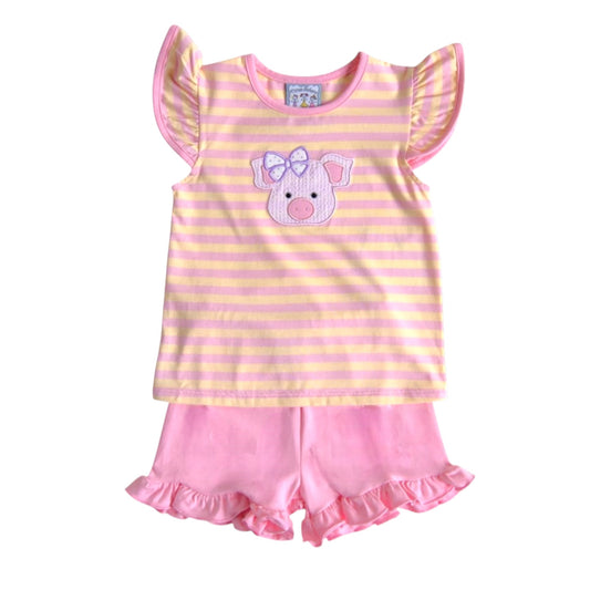 Three Sisters Pig Applique Short Set