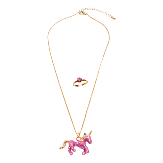 Great Pretenders Glitter Pink Unicorn Necklace and Ring Set