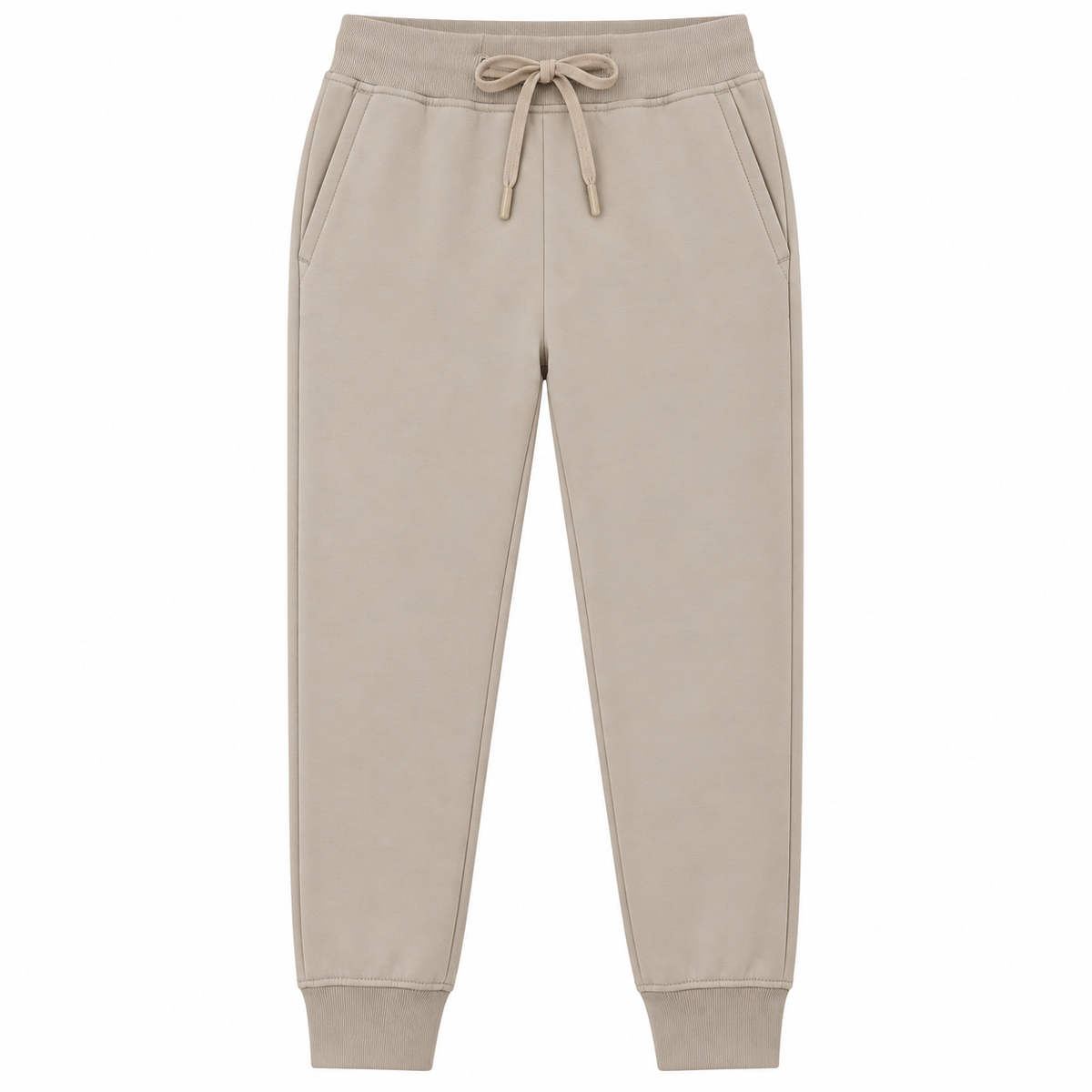 A pair of light beige jogger sweatpants with a matching drawstring waist and ribbed ankle cuffs, shown flat on a white background.