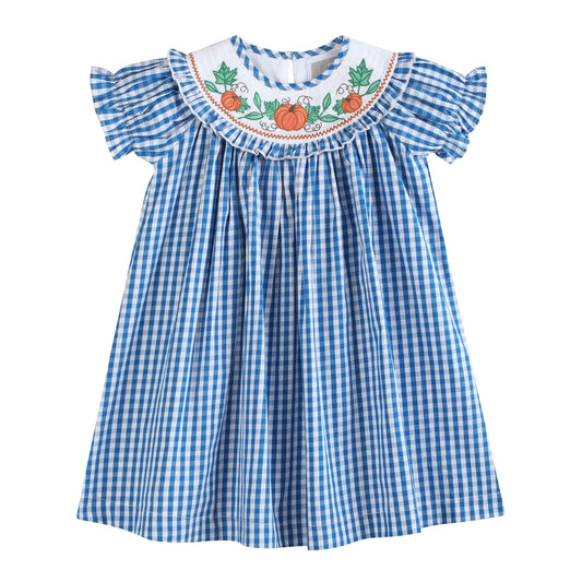 Lil Cactus Smocked Pumpkin Gingham Bishop Dress
