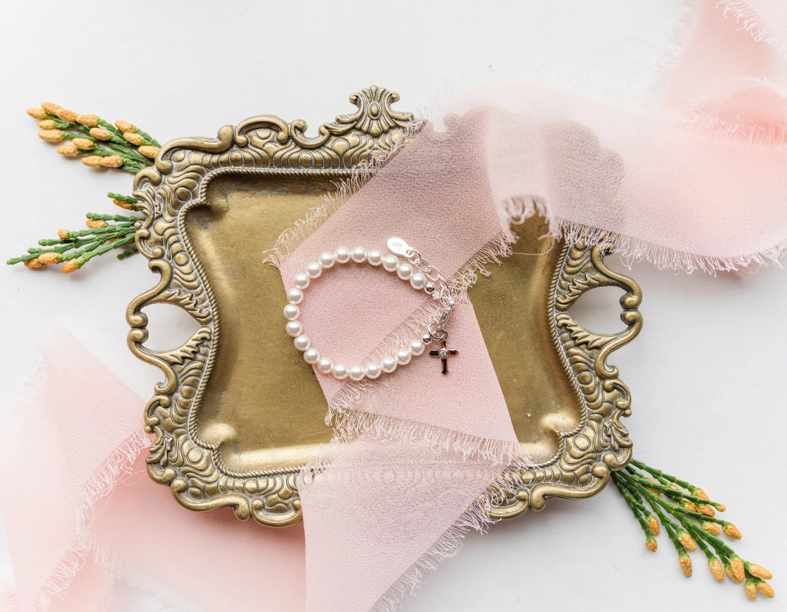 Cherished Moments Sterling Silver Pearl With Cross Bracelet