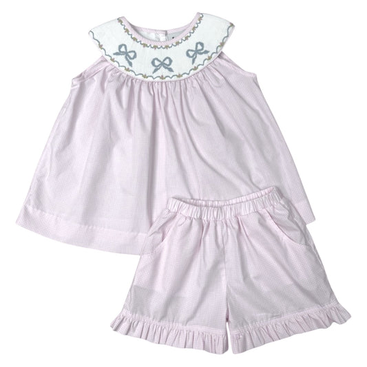 Delaney Smocked Check Bow Short Set