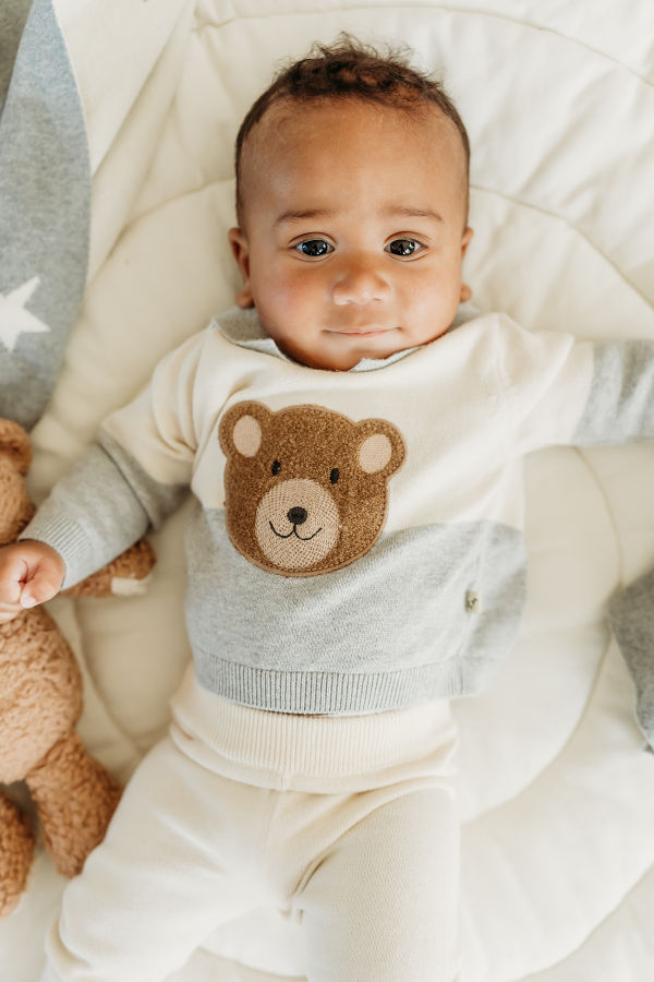 Viverano Organics Cuddly Bear Applique Collar Knit Sweater