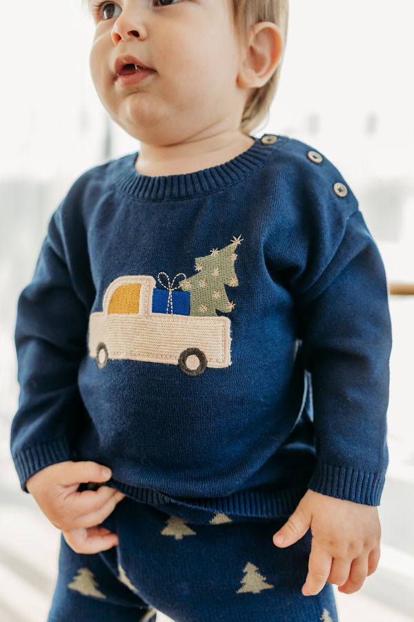 Viverano Organics Jolly Truck Applique Sweater Pant Set