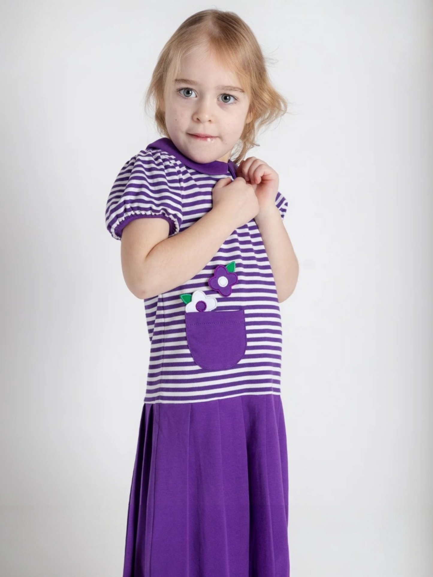 Florence Eiseman Stripe Knit Pleated Dress With Flowers