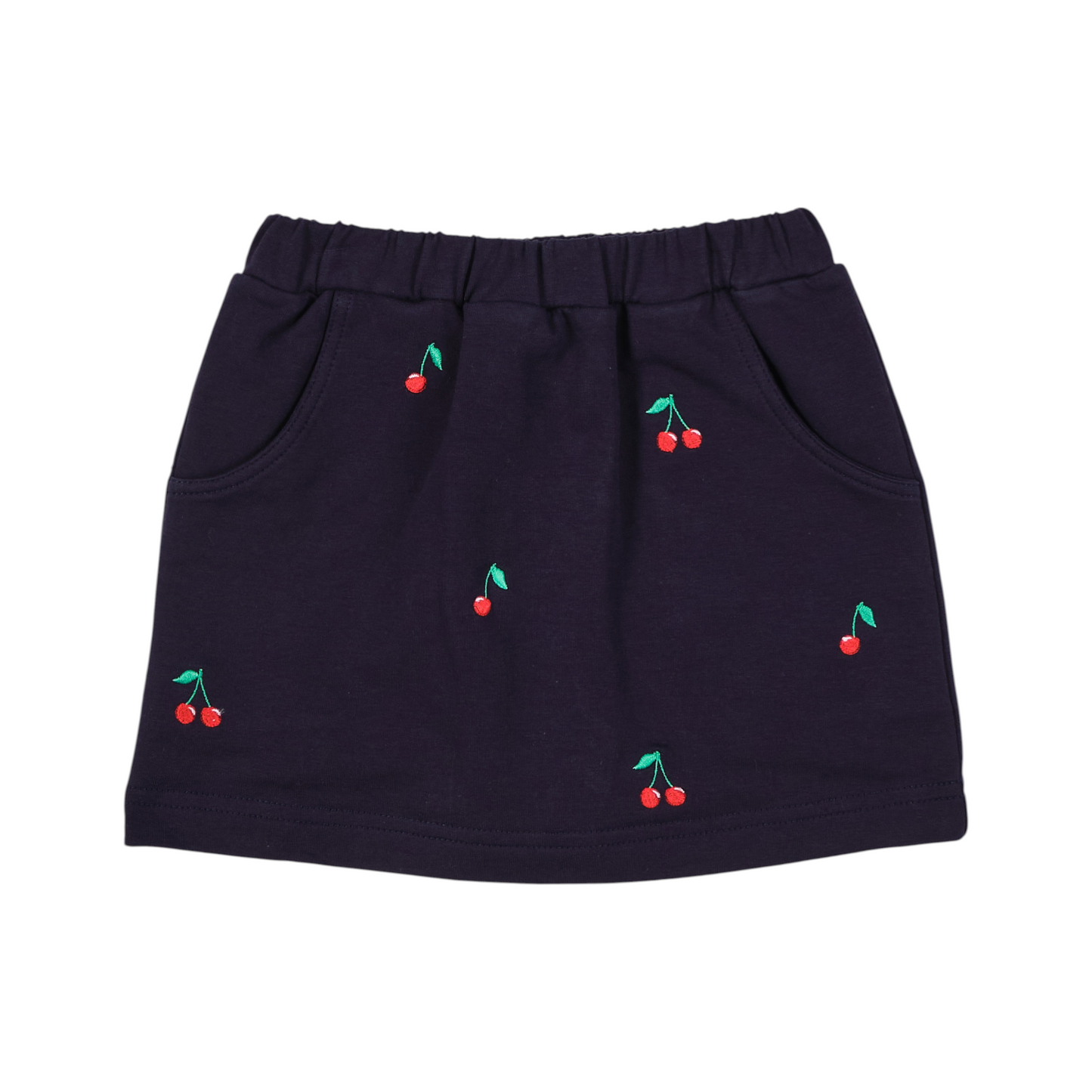 Navy blue skirt with cherry designs on a white background