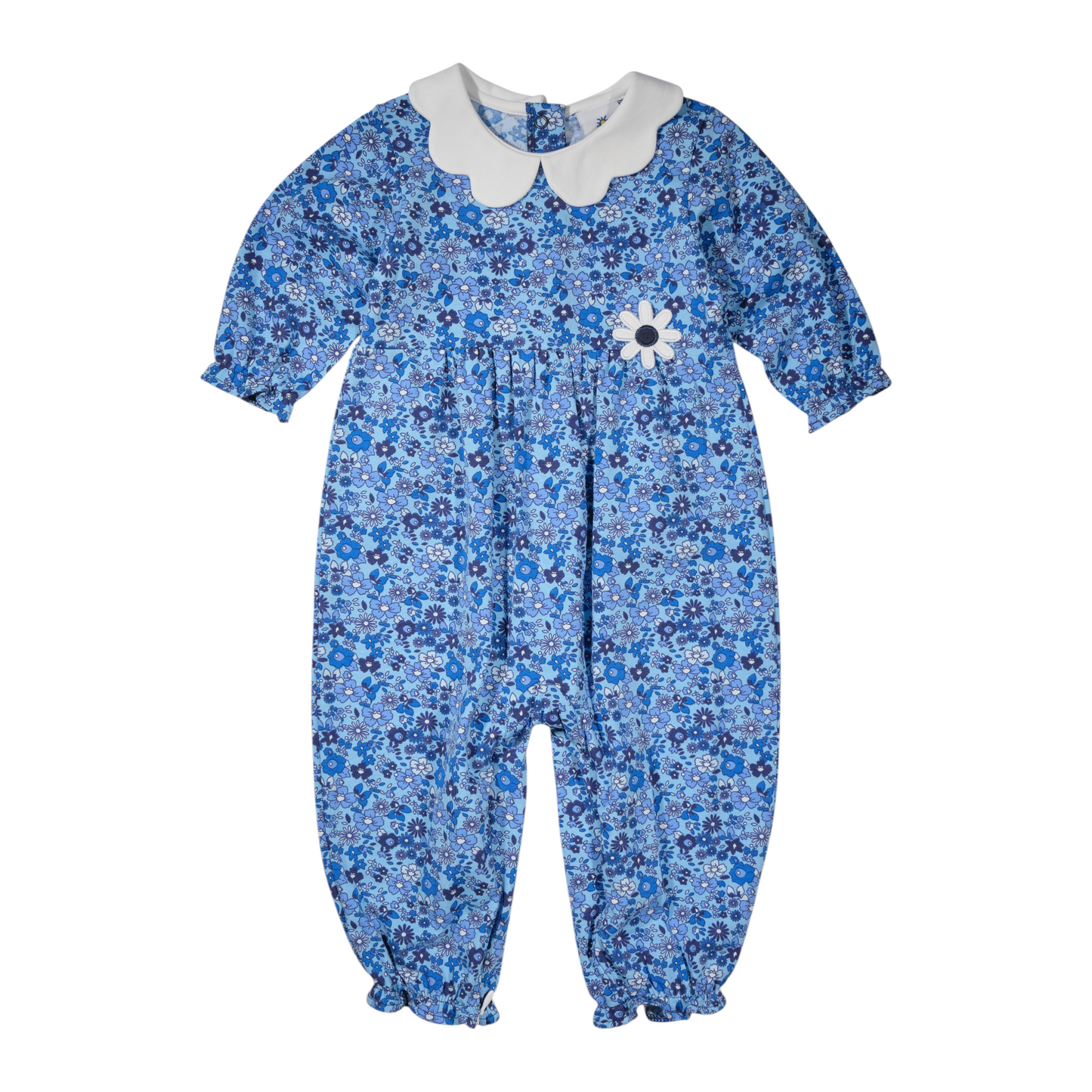Blue floral baby romper with white collar on a white background