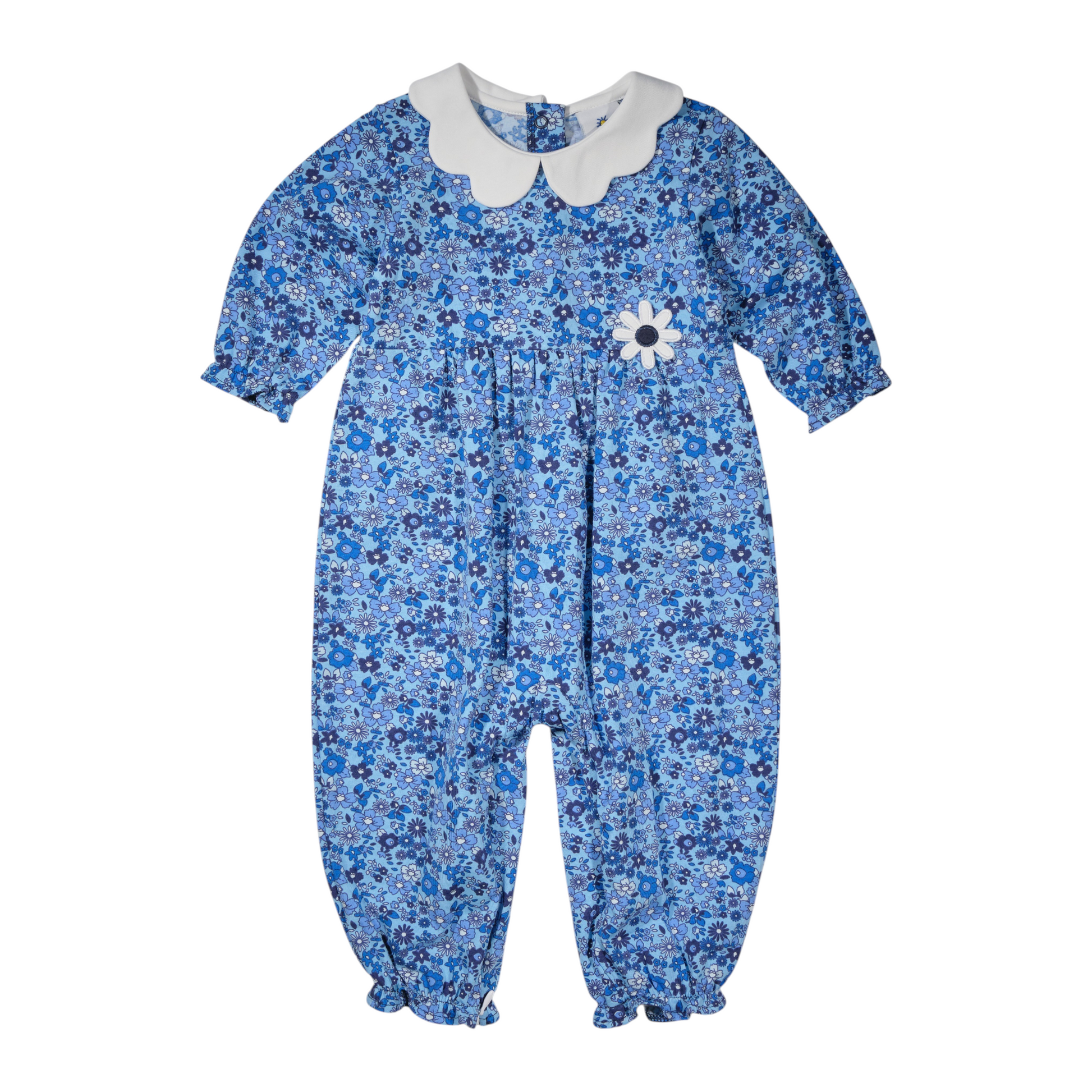 Blue floral baby romper with white collar on a white background