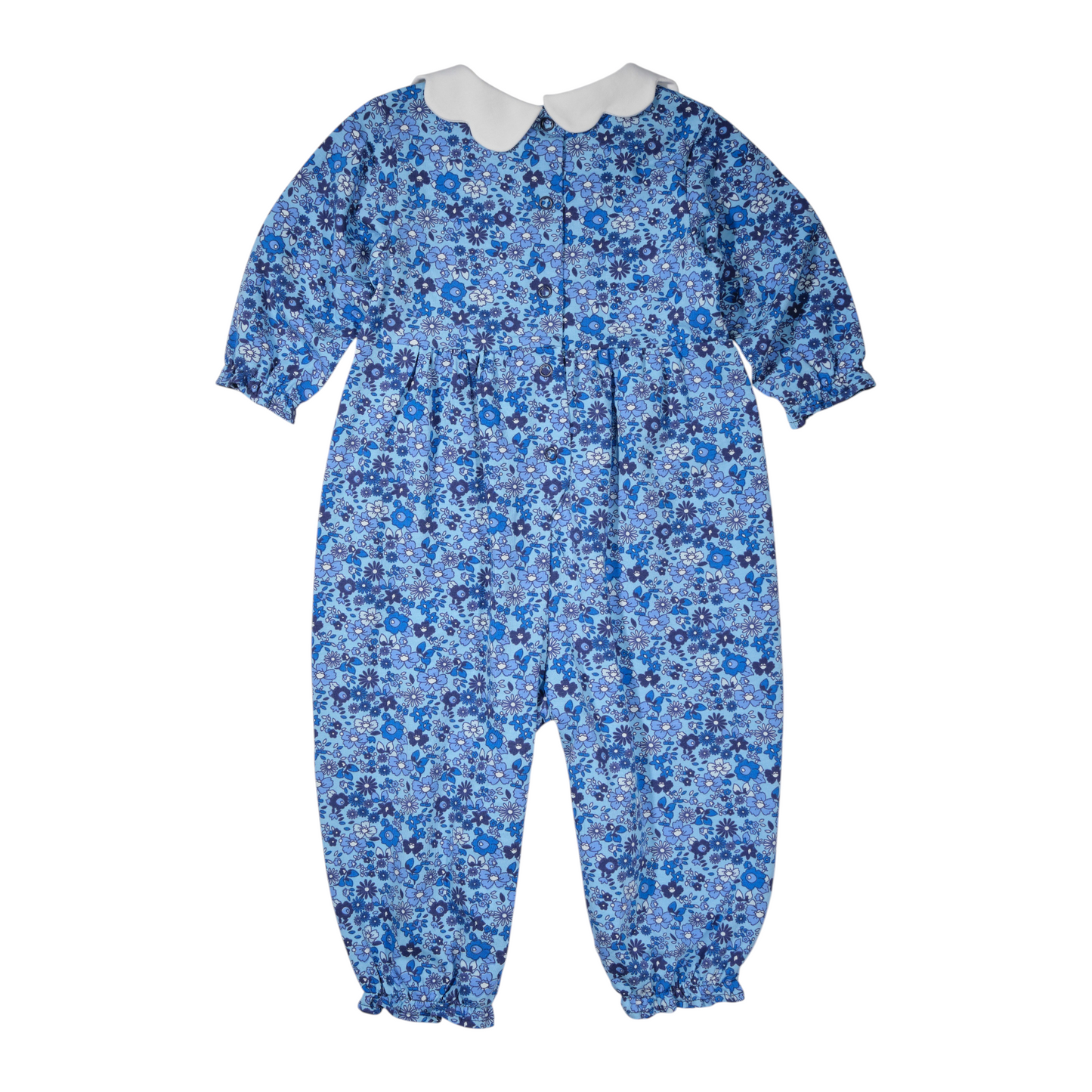 Blue floral baby romper with white collar on a white background
