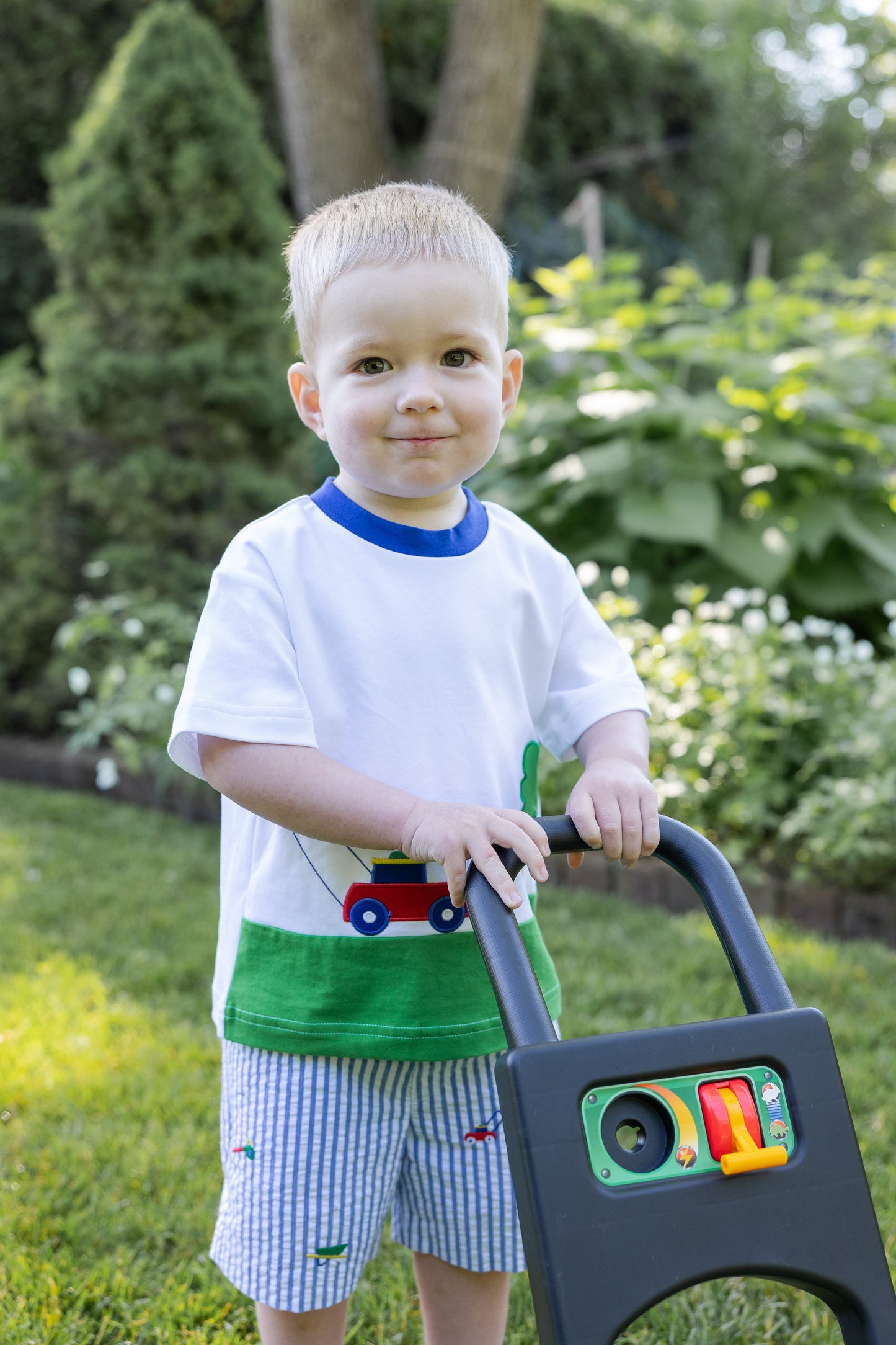 Florence Eiseman Lawn Mower Embroidered Seersucker Shorts