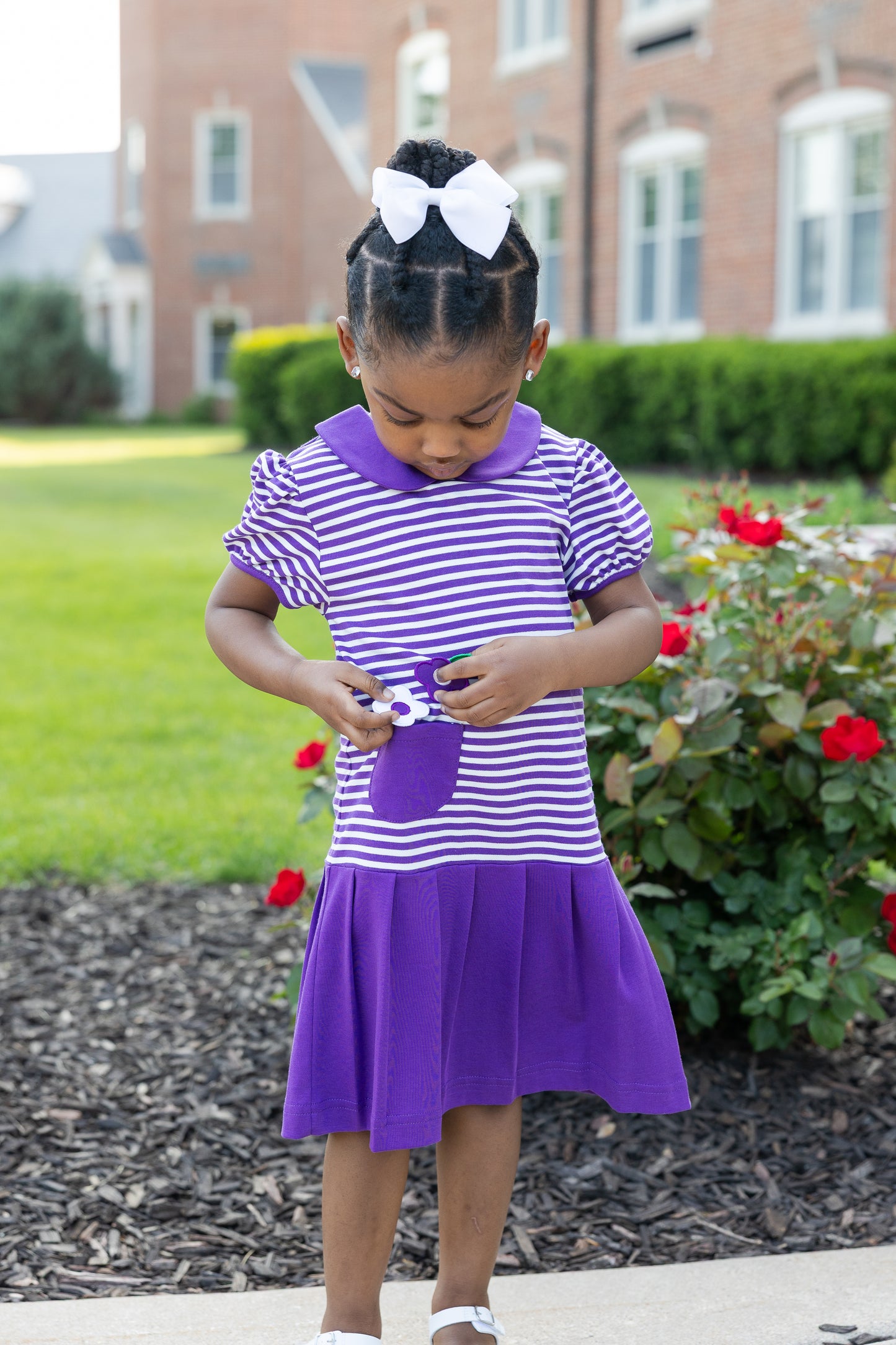 Florence Eiseman Stripe Knit Pleated Dress With Flowers