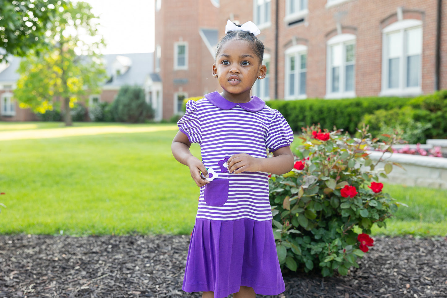 Florence Eiseman Stripe Knit Pleated Dress With Flowers