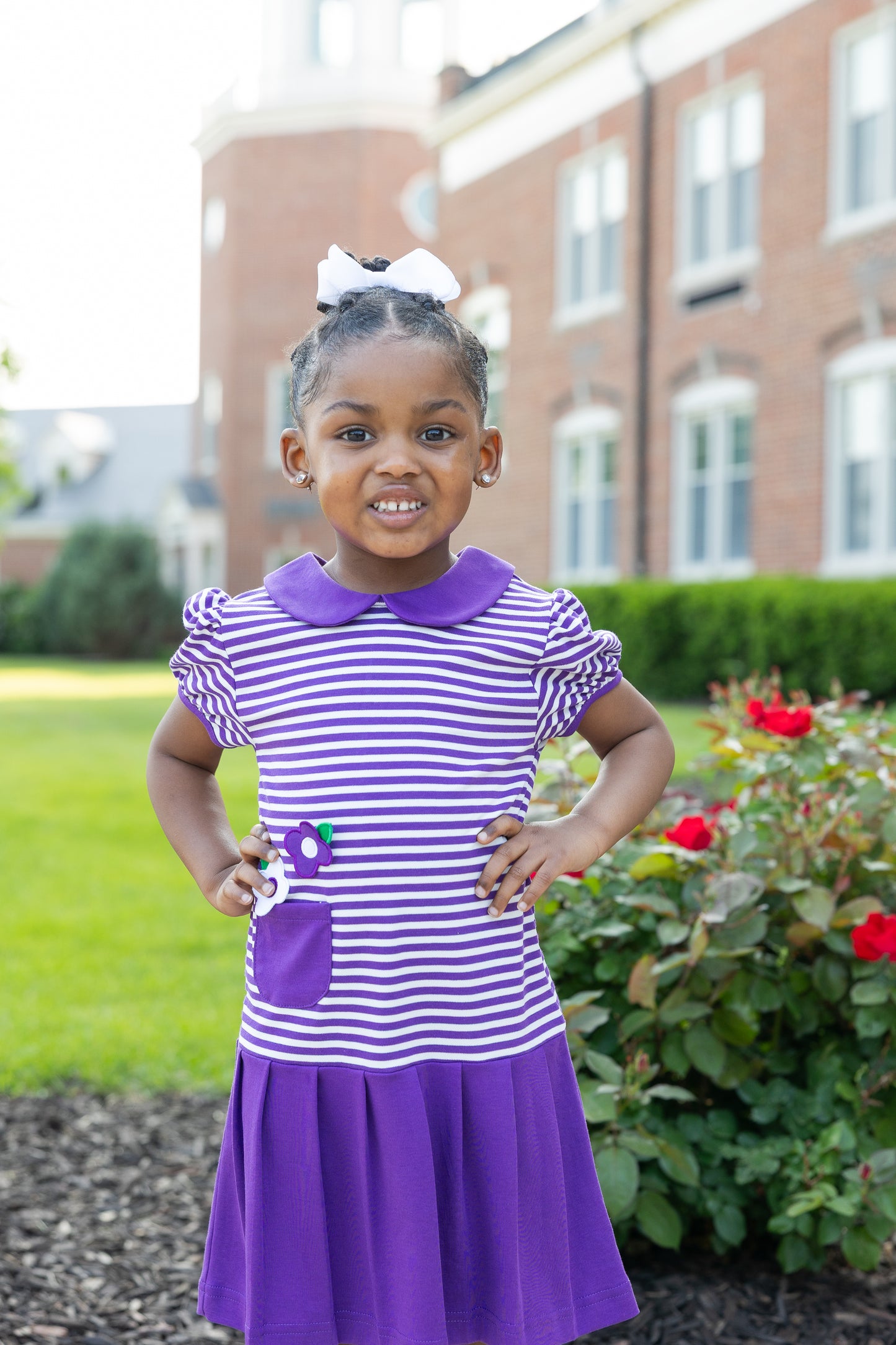 Florence Eiseman Stripe Knit Pleated Dress With Flowers