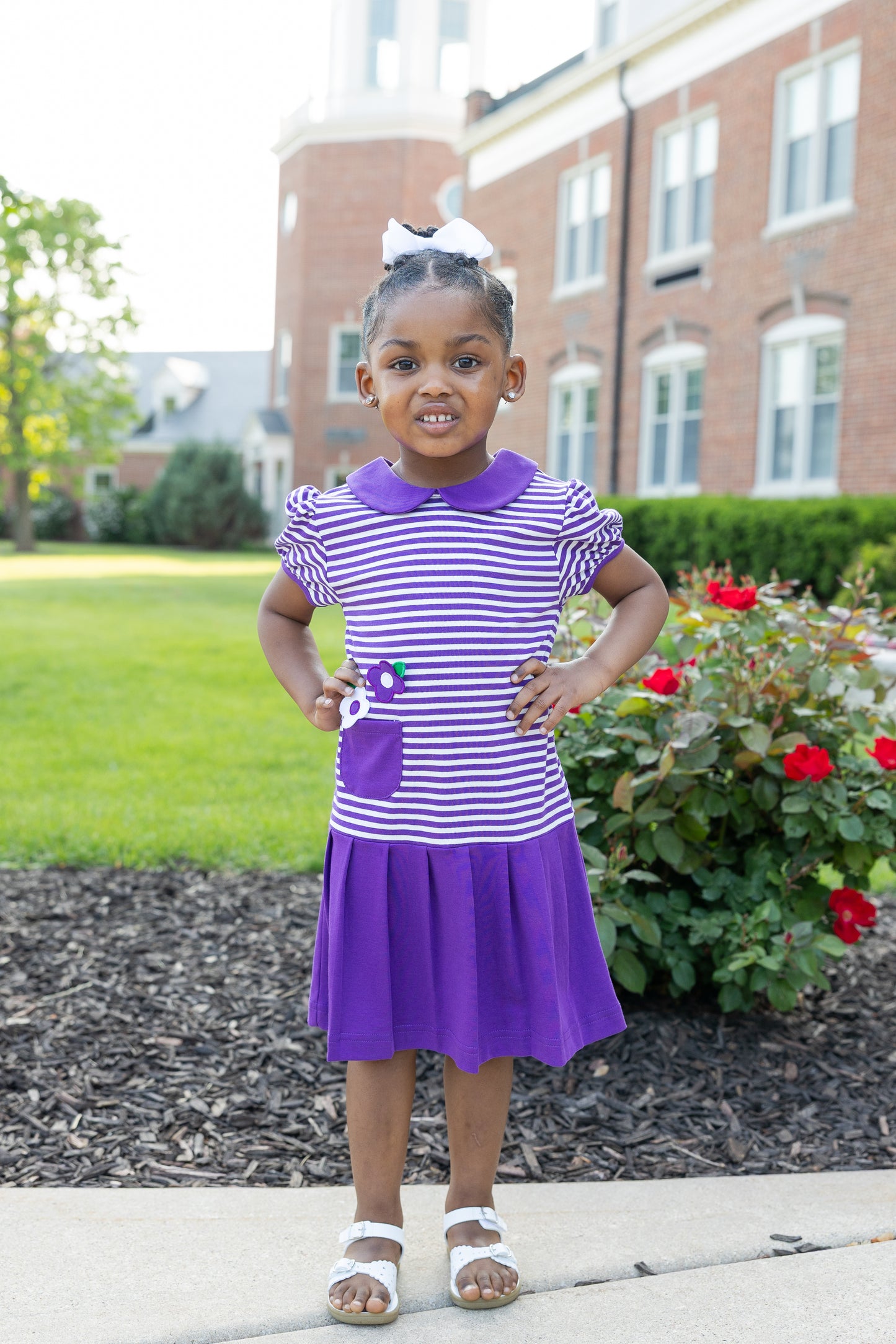 Florence Eiseman Stripe Knit Pleated Dress With Flowers