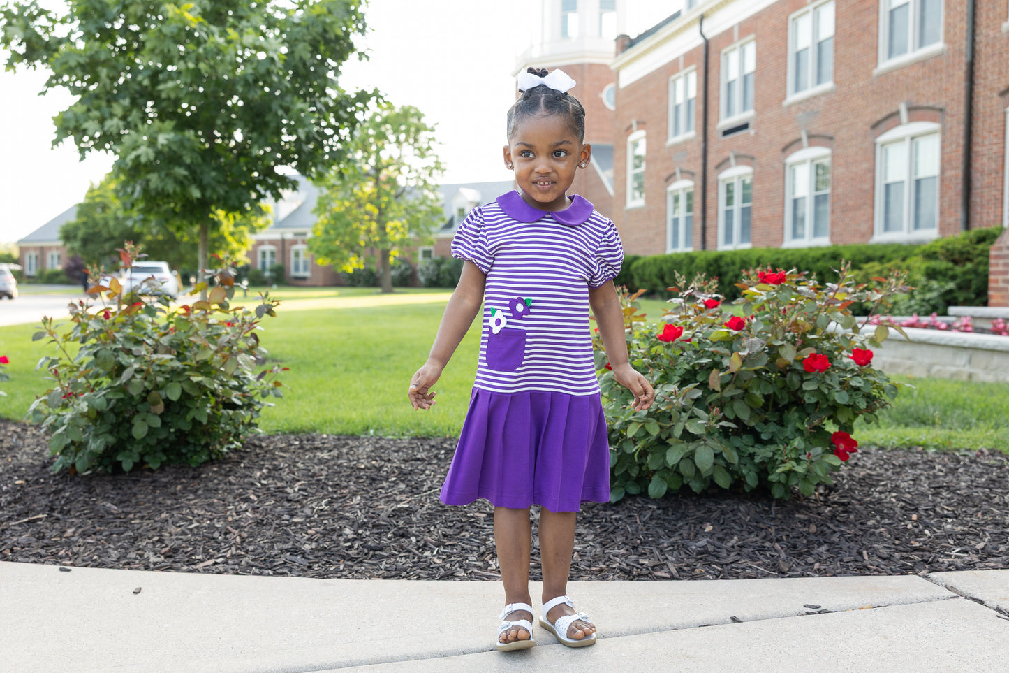 Florence Eiseman Stripe Knit Pleated Dress With Flowers