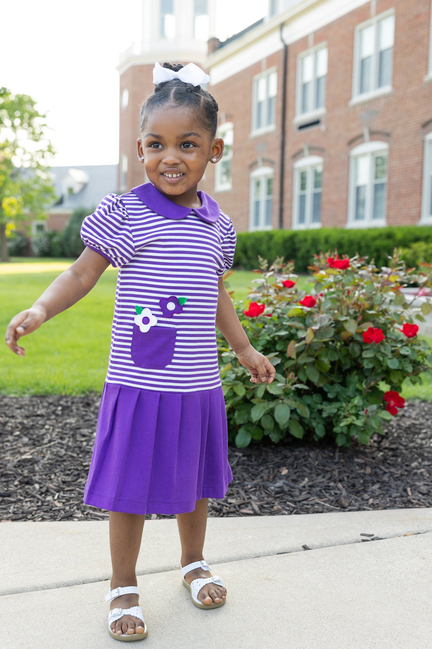 Florence Eiseman Stripe Knit Pleated Dress With Flowers
