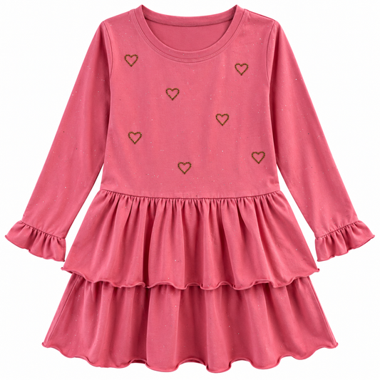 A pink long-sleeve dress for girls, featuring a round neckline, a ruffled waist, and a tiered skirt. The bodice is a sparkle fabric decorated with small, embroidered hearts.