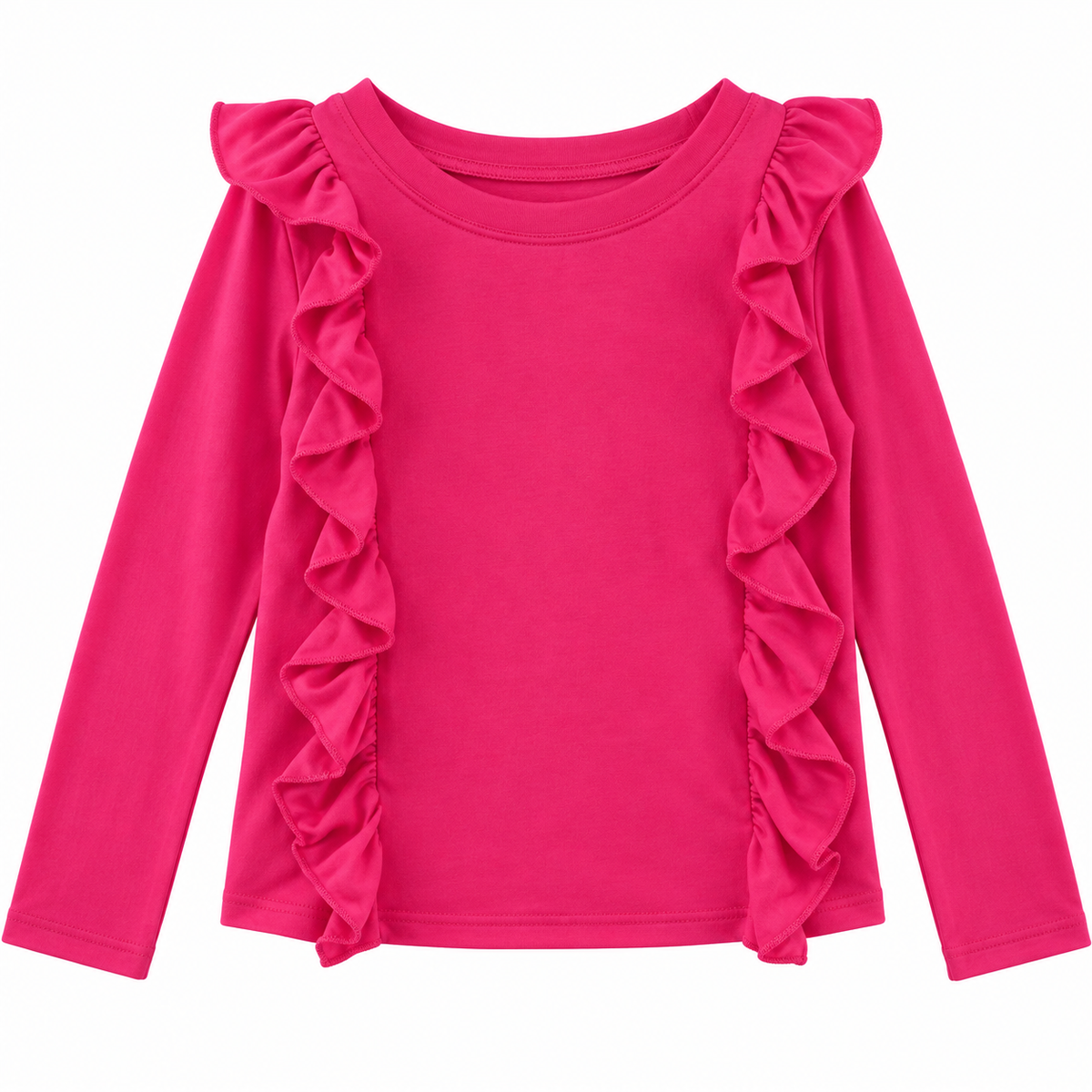 A bright pink long-sleeve top for girls, featuring ruffled trim along the shoulders and down the front sides, shown against a plain white background.