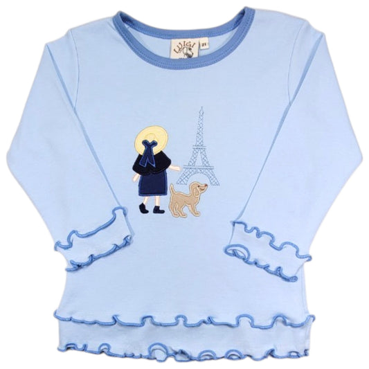Luigi Girl With Dog In Paris Double Lettuce Edge T-Shirt