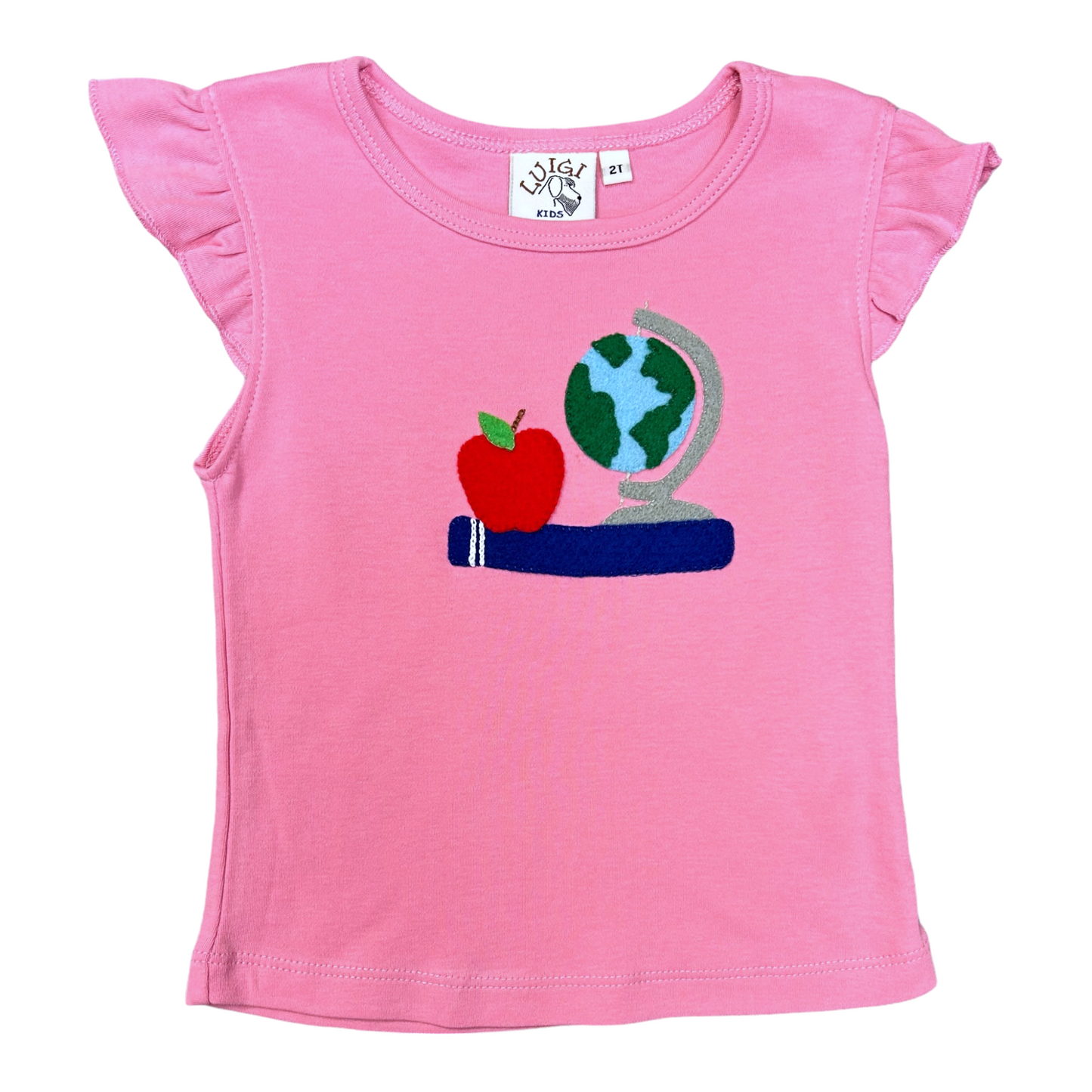 Luigi Apple, Globe & Book Hand Applique Flutter Sleeve Top