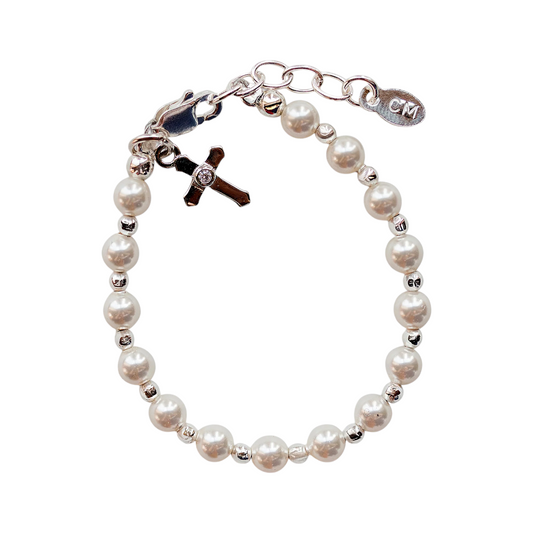 Cherished Mements Sterling Silver Simulated Pearl Cross Small Bracelet